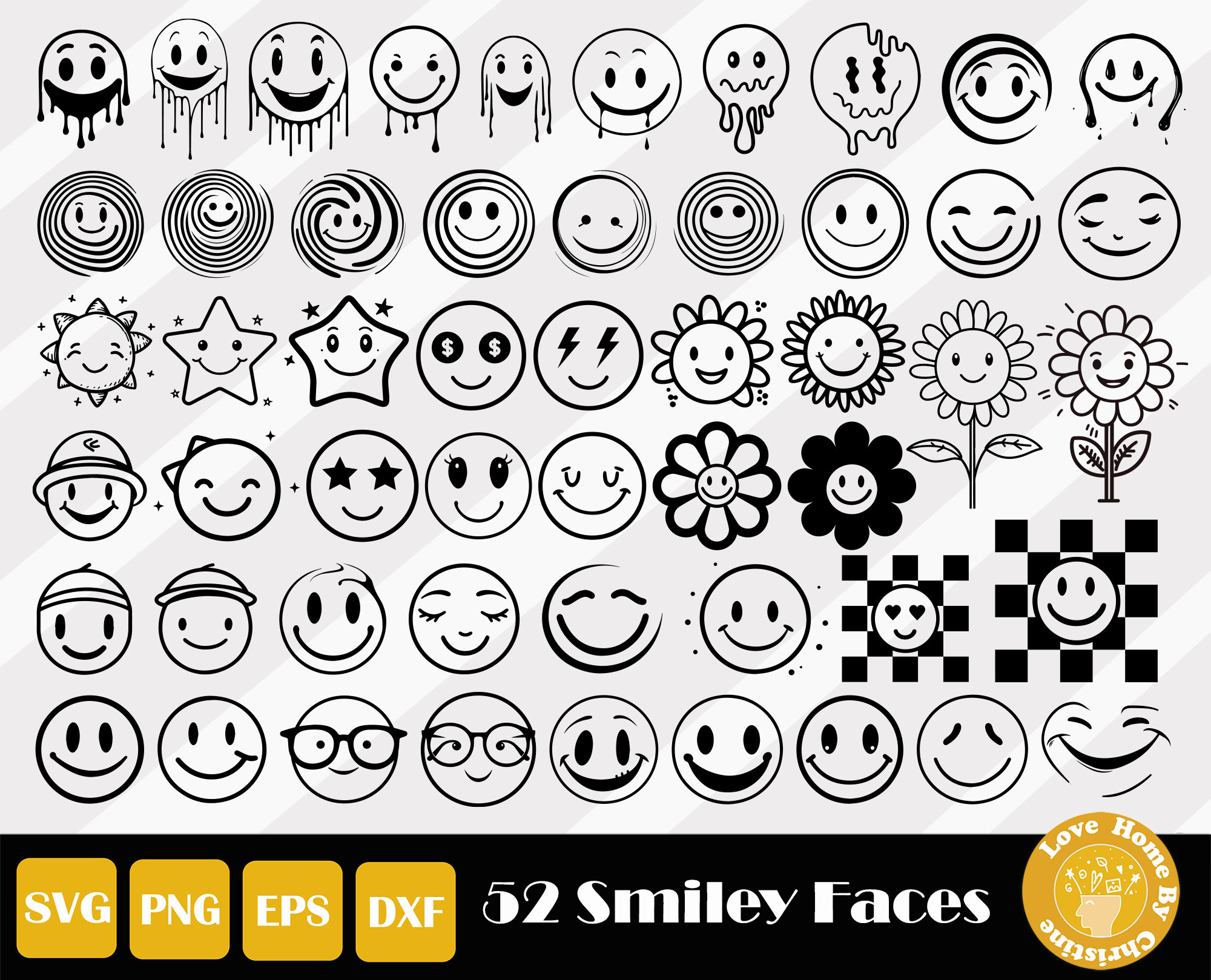 52 Smiley Face Svg, Happy Face Svg, Drippy Smiley Svg, Checkered Smiley Svg, Smiley Face Cut File, Happiness Svg, Instant Download