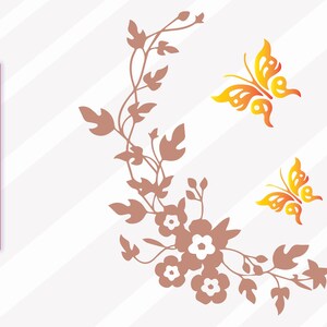May include: A digital illustration featuring a floral design with leaves, flowers, and two butterflies. The butterflies are yellow and orange. The floral design is brown. The image also includes the text "SVG PNG EPS DXF" in a vertical brown rectangle.