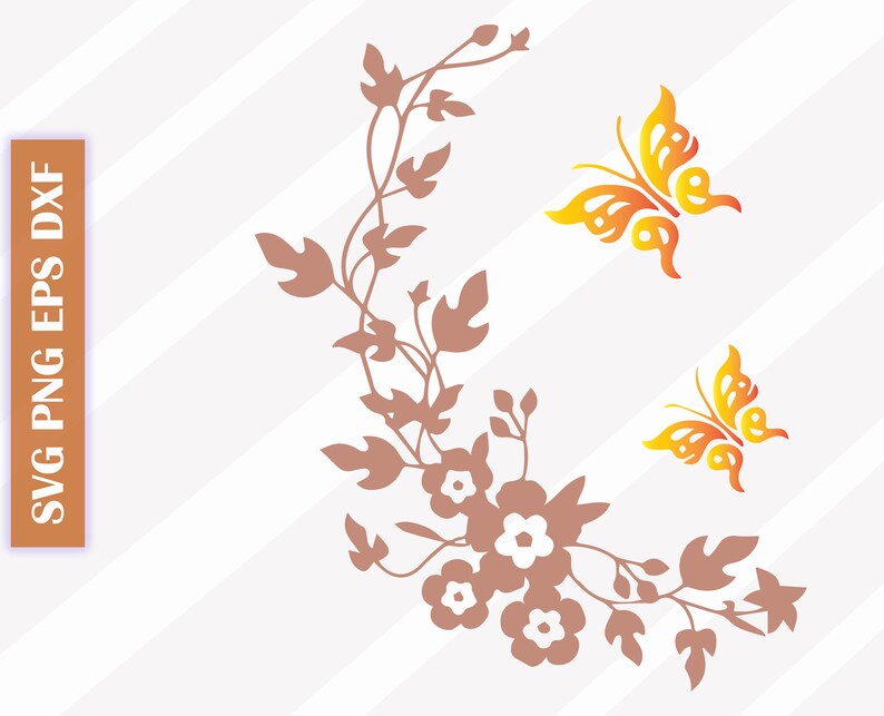 May include: A digital illustration featuring a floral design with leaves, flowers, and two butterflies. The butterflies are yellow and orange. The floral design is brown. The image also includes the text "SVG PNG EPS DXF" in a vertical brown rectangle.