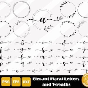 Fuentes florales elegantes, Inicial decorativa, Fuentes de boda, Corona floral SVG para silueta Cricut, Corte fácil, Descarga instantánea