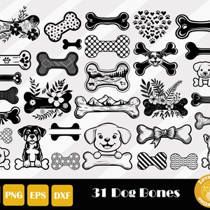 Puede incluir: Un conjunto de 31 ilustraciones de huesos de perro en blanco y negro. Los huesos son de varios estilos, incluyendo simples, florales y con patrones. El texto "31 Dog Bones" está en la parte inferior de la imagen.