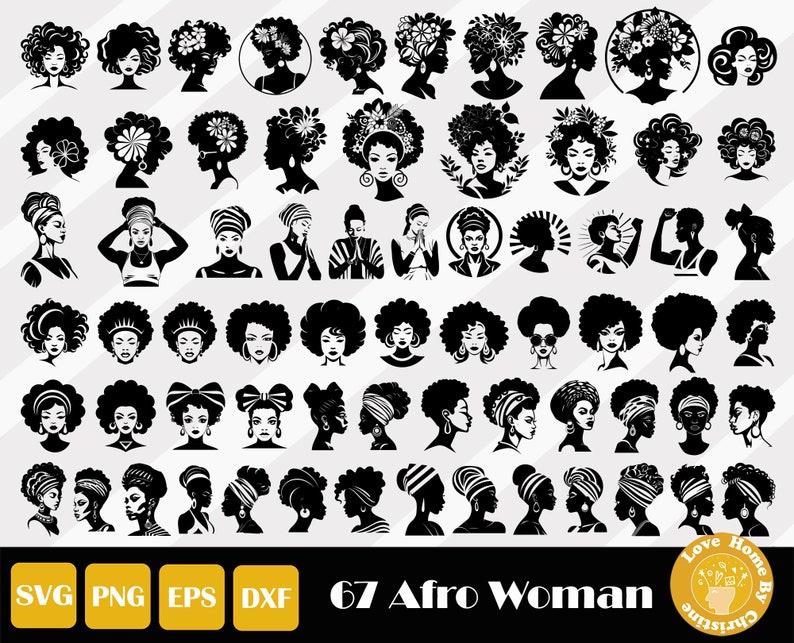 May include: A set of 67 black and white silhouette images of Afro women with different hairstyles, headwear, and expressions. The images are in various poses and styles, including profile, full face, and with flowers.