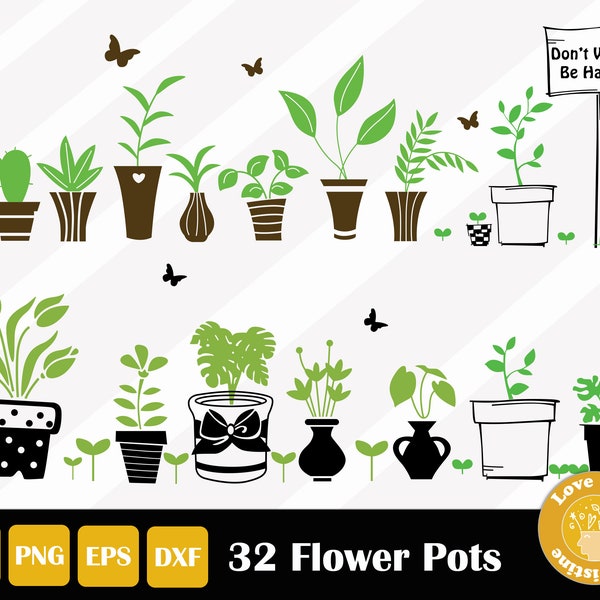 32 Flower Pots SVG Garden Butterfly for Cricut Silhouette Files, Easy Cut, Instant Download