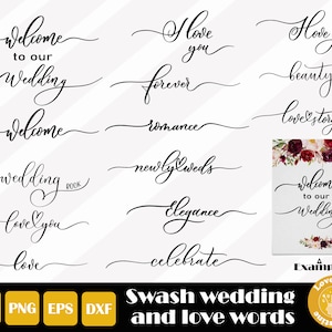 May include: A collection of 14 black and white calligraphy wedding and love words, including "Welcome to our Wedding", "Love you forever", "Love story", "Newlyweds", and "Celebrate". The words are displayed on a white background with a floral design and the text "Example" in the bottom right corner.