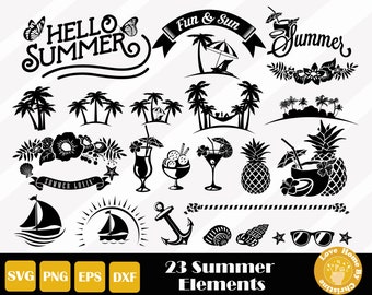 23 Summer SVG, Summer Elements, Sailing Boat, Summer Drink Cut Files for Cricut Silhouette Files, Easy Cut, Instant Download