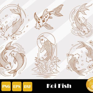 Könnte beinhalten: Sechs Strichzeichnungen von Koi-Karpfen in verschiedenen Posen. Die Designs umfassen Koi-Karpfen mit floralen Akzenten, Herzmustern und Schwimmen im Wasser. Der Text "Koi Fish" wird unter den Illustrationen angezeigt.