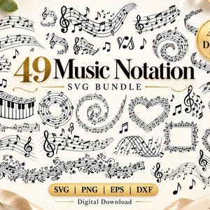 Puede incluir: Una colección digital de 49 diseños de notación musical con notas negras, pentagramas, claves de sol y teclas de piano dispuestas en formas de corazones, estrellas y espirales, con el texto 49 Music Notation SVG BUNDLE.