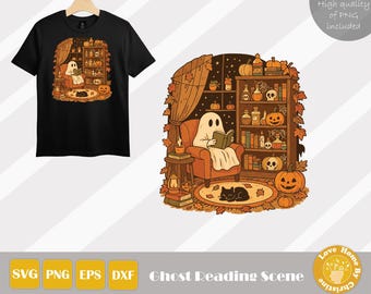 Ghost Reading Png, Pumpkin Bookshelf, Book Halloween Png, Ghost Books Png, Pumpkin Skeleton Png, Ghost With Cat Png, Autumn Book Lover