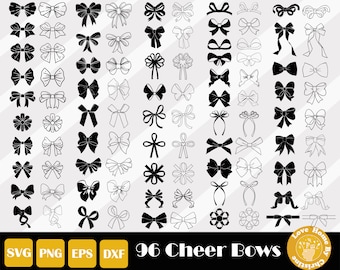 Könnte beinhalten: Ein Set mit 96 schwarzen und weißen SVG-Schnittdateien für Cheerleader-Schleifen. Die Schleifen sind in verschiedenen Formen und Größen. Der Text "96 Cheer Bows" befindet sich am unteren Rand des Bildes.