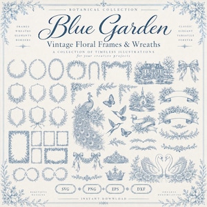Può includere: Una collezione digitale intitolata Blue Garden con illustrazioni in stile inchiostro blu di cornici floreali, ghirlande, bordi, un pavone, farfalle, colibrì, un maniero, una chiesa, nastri, cigni e corone su uno sfondo color crema.
