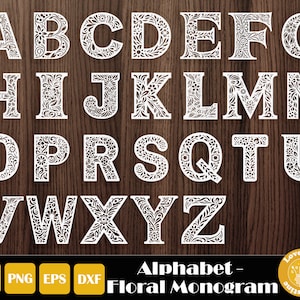 May include: A full alphabet of white, floral-designed letters against a dark wood grain background. The letters are intricately cut with floral patterns. The image includes the text "Alphabet - Floral Monogram" and file type icons.