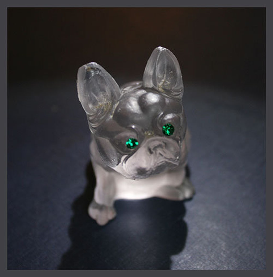 Vintage Frosted Glass French Bull Dog Figurine w/ Green Etsy