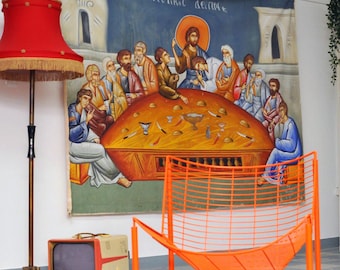 immense tableau de la Cène des années 1970 signé 220 x 175 cm icône hagiographie religieuse peintures chrétiennes orthodoxes icône orthodoxe