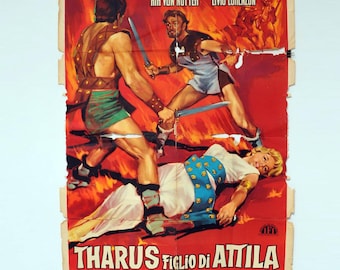 super rare Grande affiche originale de 1962 Tharus figlio di Attila ou Tharus le fils d'Attila Jerome Courtland Lisa Gastoni Mimmo Palmara