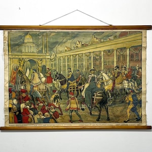 May include: A vintage print depicting a historical scene with figures on horseback and in period attire. The print is mounted on wooden rods and suspended by a string. The artwork features a detailed illustration with a variety of colors and architectural elements.