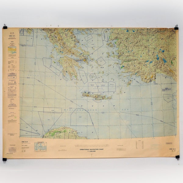 rare large 1984 Greece Operational Navigation Chart large map greece map Aeronautical map Turkey Albania Libya mediterranean