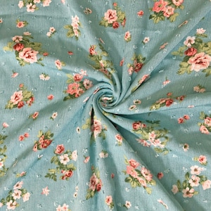 Rayon Gauze Swiss Dot Printed Fabric-Sage Green Pink Roses Bouquet-RGzPR0013-Sold by the Yard