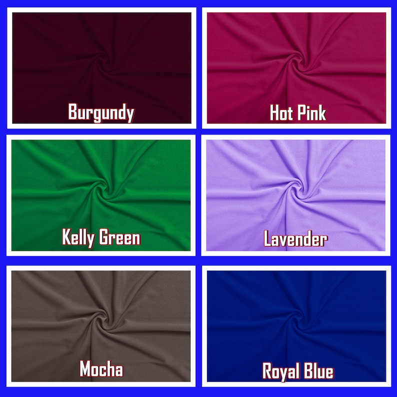 May include: A collection of fabric swatches in various colors, including burgundy, hot pink, Kelly green, lavender, mocha, and royal blue. Each swatch is displayed with its color name in a white font.