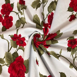 Liverpool Knit Printed Fabric-Ivory Red Olive Roses Bouquet-LVPR341-Sold by the Yard-Apparel Fabric