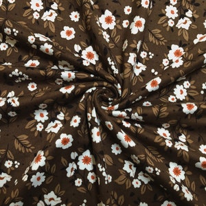 DTY Brushed Fabric-Brown Brick White Flowers-DTYBPR344-Sold by the Yard-Jersey Fabric