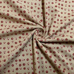Beige Burgundy White 1/8&quot; Flowers Rayon Spandex Rib 2X2 Print Fabric