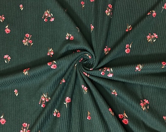 Deep Forest Green Ditsy Floral Rib Knit Fabric by the Yard