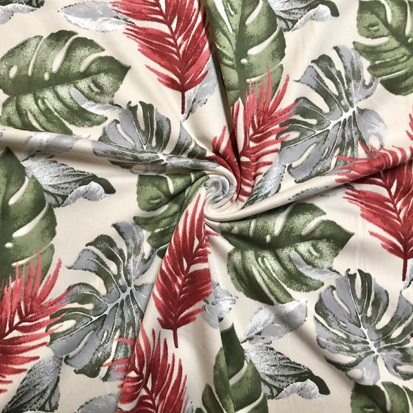 Vanilla Red Green Silver Palm Leaves Dty Double Brushed Jersey Print Fabric