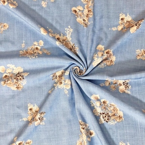 Rayon Slub Printed Fabric| Denim Blue Brown Flowers |RSLPR02|Sold by the Yard
