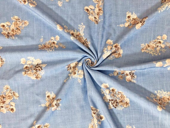 Dusty Blue Floral Sprig Rayon Slub Fabric by the Yard, 56" Wide