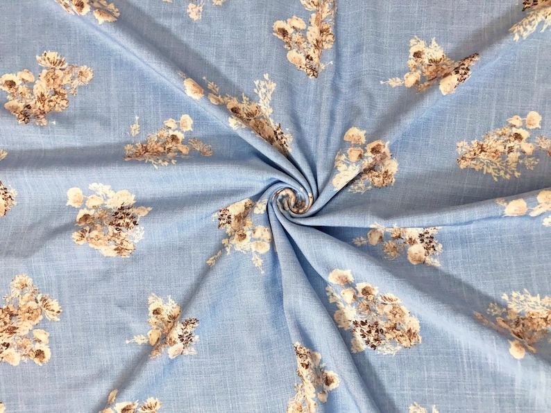 Rayon Slub Printed Fabric| Denim Blue Brown Flowers |RSLPR02|Sold by the Yard