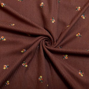 Brown Red Yellow 1/2&quot; Flowers Poly Rayon Spandex Rib 2X2 Print Fabric