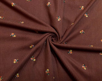 Camel Brown Ditsy Floral Rib Knit Fabric by the Yard