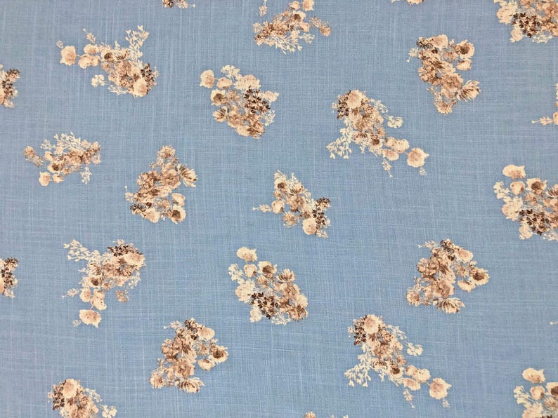 Rayon Slub Printed Fabric| Denim Blue Brown Flowers |RSLPR02|Sold by the Yard