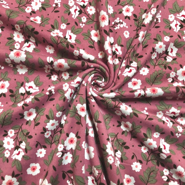 Mauve White Pink Flowers DTY Double Brushed Jersey Print Fabric