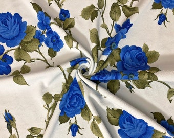 Ivory & Deep Blue Antique Rose Vine Liverpool Knit Fabric by the Yard