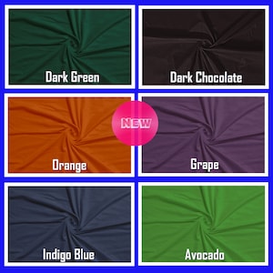 May include: Six fabric swatches in different colors: dark green, dark chocolate, orange, grape, indigo blue, and avocado. The word "NEW" is printed in pink on a white circle in the center of the image.