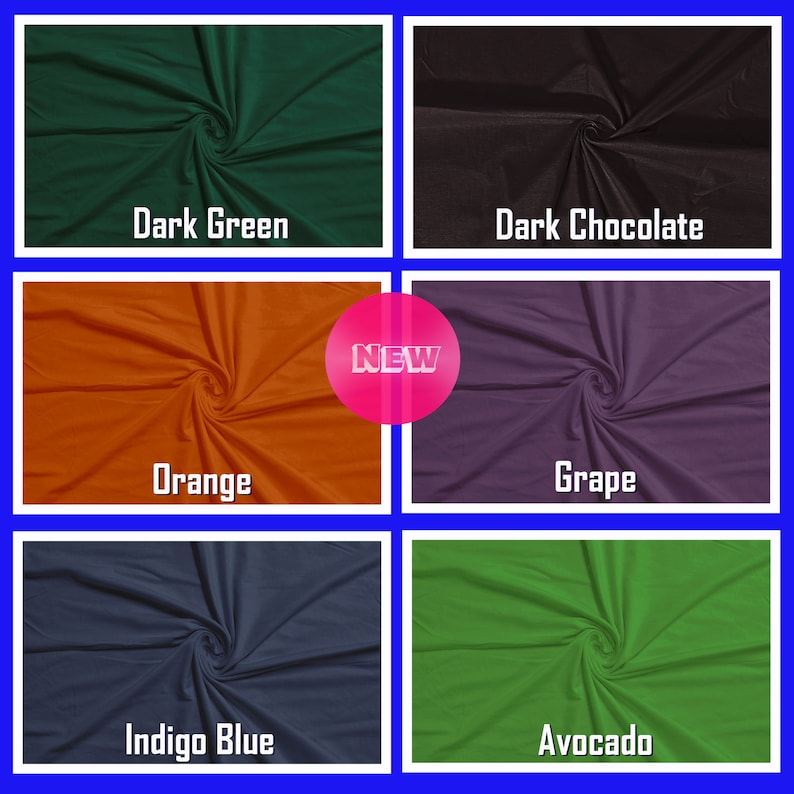 May include: Six fabric swatches in different colors: dark green, dark chocolate, orange, grape, indigo blue, and avocado. The word "NEW" is printed in pink on a white circle in the center of the image.