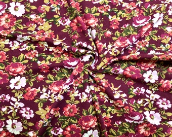Burgundy Vintage Rose Toss Floral DTY Brushed Knit Fabric by the Yard