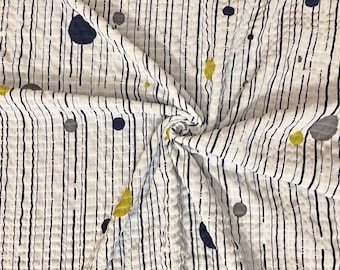 Navy Stripe Dot Polyester Dobby Seersucker Fabric by the Yard