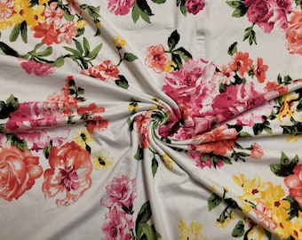 White Garden Party Rose Floral DTY Brushed Knit Fabric by the Yard