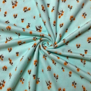 Mint Orange Flowers Poly Rayon Spandex Rib 2X2 Print Fabric
