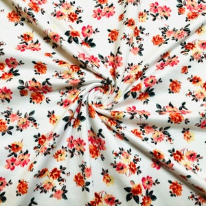 DTY Brushed Fabric-Ivory Orange Yellow Flowers-DTYBPR297-Sold by the Yard-Jersey Fabric