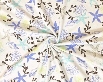 Ivory Coastal Seashell Starfish 100% Cotton Jersey Knit Fabric by the Yard