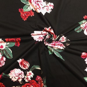 DTY Brushed Fabric-Black Pink Red White Roses-DTYBPR200-Sold by the Yard-Jersey Fabric