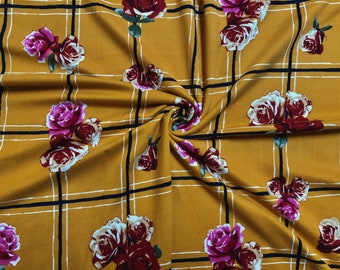 Mustard Rose Windowpane Plaid DTY Brushed Knit Fabric by the Yard