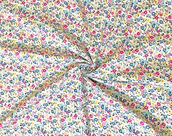 Tela de rayón challis blanca con estampado floral pequeño, cortada a medida, sin elasticidad, 56" de ancho.