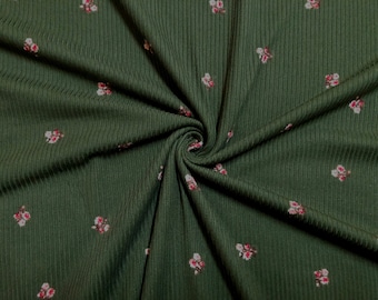 Forest Green/Red Ivory Ditsy Floral Rib Knit Fabric by the Yard