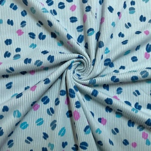 Baby Blue Magenta Teal Navy Blue Lips and Hearts Poly Rayon Spandex Rib 1X1 Print Fabric