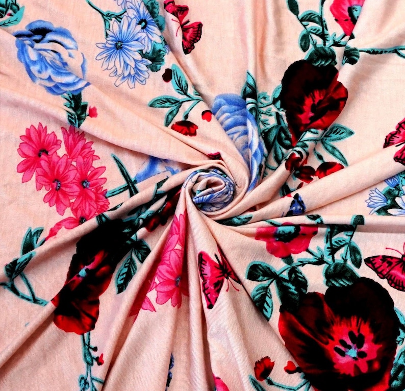 4 Way Stretch DTY Double Sided Brushed Pink Green Purple Roses and Flowers Fabric