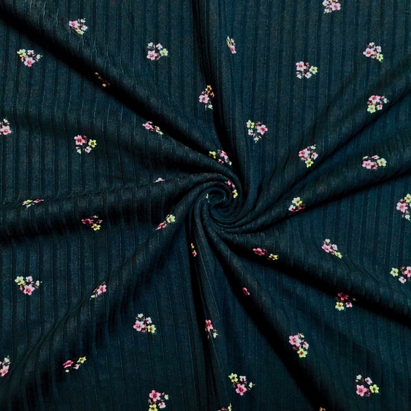 Tissu tricoté bleu sarcelle profond à petites côtes florales par mètre